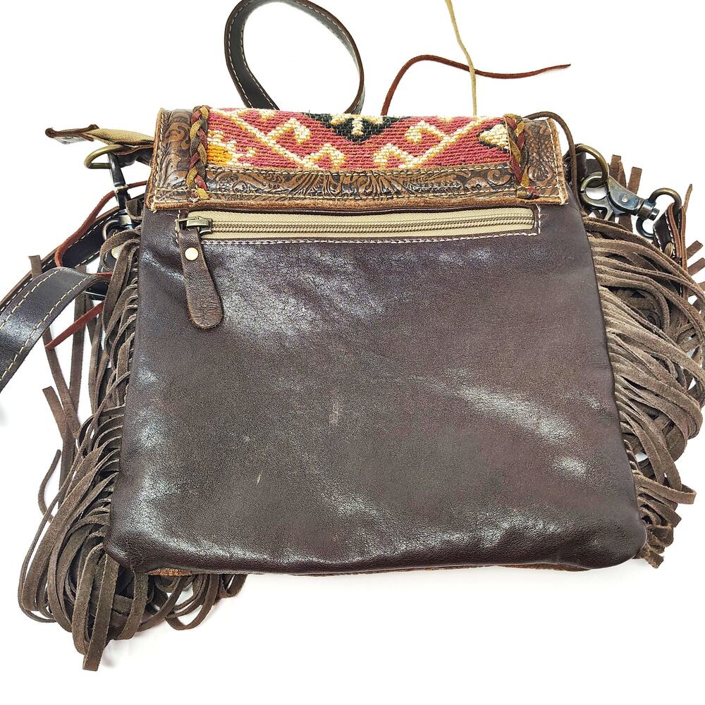 Myra Bag Aztec Motif Leather Fringe Purse Boho Western Brown Red Crossbody Bag - Picture 2 of 9